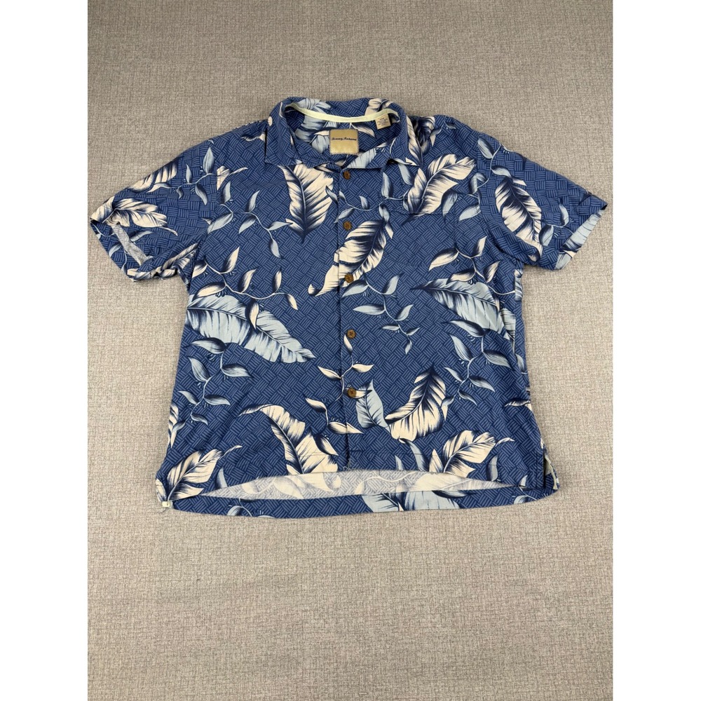 Tommy Bahama Mens Blue Tropical Leaf Print 100% Silk Camp Shirt Medium M